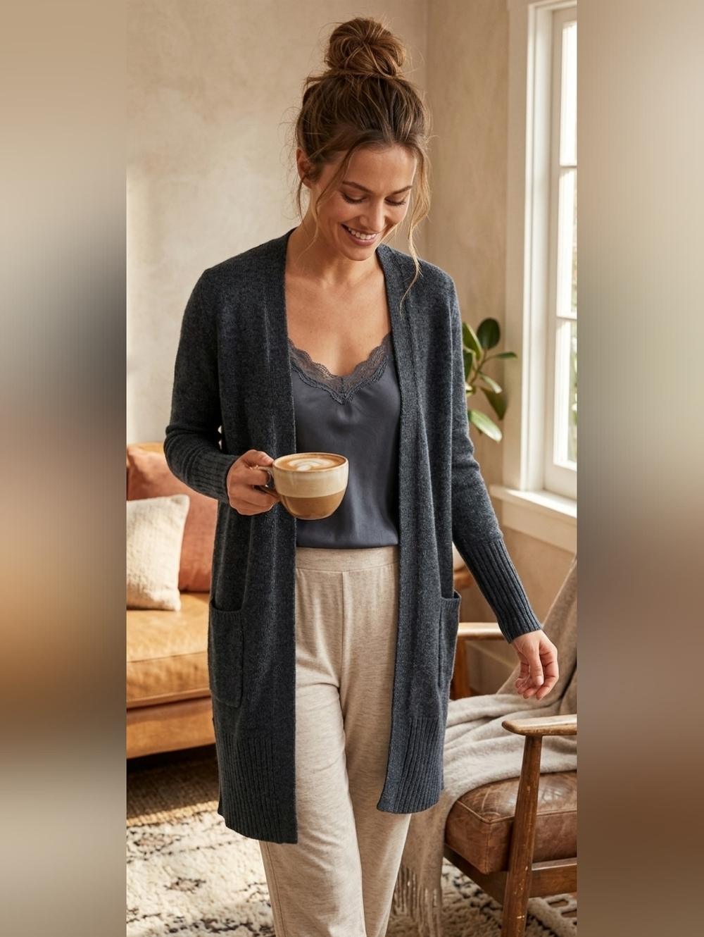 Athleta Passage Open Front Cardigan Duster Charcoal 100% Merino Extra Fi…